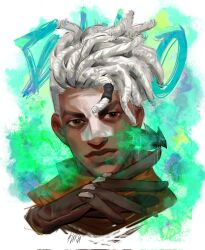  1boy arcane:_league_of_legends arm_up black_gloves brown_eyes character_name closed_mouth commentary cropped_shoulders dark-skinned_male dark_skin dreadlocks ekko_(league) english_commentary facepaint gloves highres league_of_legends looking_to_the_side male_focus portrait sgkg108 sideways_glance signature solo white_hair 