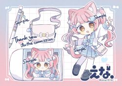  1girl :3 :d animal_ear_fluff animal_ears bag black_shoes blue_border blue_sailor_collar blue_skirt blush_stickers border cat_ears cat_girl cat_hair_ornament cat_tail chibi chibi_only closed_mouth commentary_request commission dot_nose ena_1510 full_body gradient_border grid_background hair_ornament highres long_hair looking_at_viewer open_mouth original outline outside_border outstretched_arm pen pink_border pink_hair pleated_skirt sailor_collar sample_watermark school_uniform serafuku shirt shoes skeb_commission skirt smile standing tail thank_you thigh-highs twintails twitter_username v watermark white_outline white_shirt white_thighhighs yellow_eyes zettai_ryouiki 