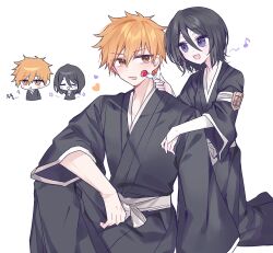  1boy 1girl :d :t ^_^ arm_warmers badge black_hair black_hakama black_kimono bleach blush blush_stickers brown_eyes cheek_poking chibi chibi_inset closed_eyes closed_mouth commentary_request couple crossed_legs double-parted_bangs eyes_visible_through_hair feeding feet_out_of_frame flirting food fork fruit fukutaichou_badge g_ieep hair_between_eyes hakama happy heart hetero holding holding_fork japanese_clothes kimono knee_up kneeling korean_commentary korean_text kuchiki_rukia kurosaki_ichigo long_sleeves medium_hair multiple_views musical_note open_mouth orange_hair poking pout short_hair simple_background sitting smile spiky_hair straight_hair strawberry translation_request violet_eyes white_arm_warmers white_background wide_sleeves 