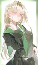  1girl arm_up black_robe blonde_hair blush breasts cardigan earrings eyelashes genderswap genderswap_(mtf) green_eyes green_hood green_necktie hand_on_own_stomach harry_potter_(series) highres hogwarts_school_uniform hood hood_down hoop_earrings jewelry lomelody1 long_hair looking_at_viewer malfoid medium_breasts necktie puckered_lips raised_eyebrow robe school_uniform shirt simple_background slytherin solo upper_body white_background white_shirt wide_sleeves wizarding_world 