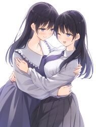  2girls black_hair black_skirt blush breast_press breasts closed_mouth collared_shirt commentary_request commission couple cowboy_shot dress eye_contact happy highres hug large_breasts long_hair long_sleeves looking_at_another multiple_girls mutual_hug necktie one_eye_closed open_mouth original pleated_skirt purple_dress purple_necktie school_uniform shirt simple_background skeb_commission skirt sleeveless sleeveless_dress smile standing straight_hair tsuke_(maholabo) violet_eyes white_background white_shirt yuri 