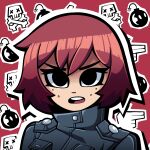  1girl black_eyes black_jacket bomb commentary english_commentary explosive freckles highres jacket kermittend kim_pine open_mouth portrait red_background redhead round_teeth scott_pilgrim_(series) skull_and_crossbones solo teeth x_x 