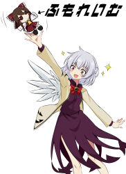 1girl :d bow bowtie brooch commentary_request dress feathered_wings fumo_(doll) grey_hair grey_wings hakurei_reimu highres jacket jewelry kishin_sagume long_sleeves medium_hair open_clothes open_jacket purple_dress red_bow red_bowtie red_eyes simple_background single_wing smile solo touhou translation_request tsuukinkaisoku_oomiya white_background wings yellow_jacket 
