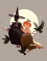  2others artist_name bird black_cat broom broom_riding cat commentary crow english_commentary feather_cape full_moon gat_(hat) glowing glowing_eyes grey_background halloween hanbok hat holding_on korean_clothes moon multiple_others nadia_kim original pumpkin_head slit_pupils star_(sky) witch_hat yellow_eyes 