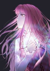  1girl black_background bloom_poetry_(shining_nikki) brown_eyes chinese_commentary clenched_hand closed_mouth clothes_writing collared_shirt commentary_request cross-laced_clothes cross-laced_dress determined dress eyelashes eyes_visible_through_hair eyeshadow frilled_shirt_collar frills frown furrowed_brow glowing hand_on_own_chest high_collar highres killuandgon long_hair long_sidelocks looking_to_the_side makeup nikki_(nikki) nikki_(series) pinafore_dress pink_dress pink_eyeshadow pink_hair plaid_clothes plaid_dress pointy_nose shining_nikki shirt sidelocks simple_background sleeveless sleeveless_dress solo strap upper_body very_long_hair white_shirt 