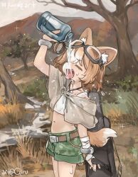  1girl animal_ear_fluff animal_ears bandaged_arm bandages bangle belt bottle bracelet brown_hair camouflage camouflage_shorts capelet crop_top dog_ears dog_girl dog_tail drinking fang girutea goggles goggles_on_head green_shorts grey_capelet highres hood hooded_capelet indie_virtual_youtuber instrument_case jewelry koragi_(vtuber) multicolored_hair nature navel open_mouth outdoors paw_print pouring pouring_onto_self shorts splashing stomach sweat tail tank_top tongue tongue_out tree two-tone_hair virtual_youtuber water water_bottle water_drop white_hair white_tank_top 