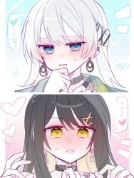  2girls bang_dream! bang_dream!_our_notes black_choker black_hair blue_eyes blush choker colored_inner_hair commentary earrings hair_ornament hairclip highres jewelry logo long_hair mahashi_miku multicolored_hair multiple_girls open_mouth qiqiqian0717 suga_raika untranslatable_commentary white_hair yellow_eyes 