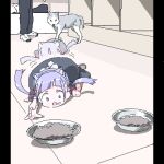  1other afterimage black_skirt blunt_bangs cat_ear_hairband commentary_request constricted_pupils crawling dog drooling floating_hair hair_ribbon indoors lokulo-chan lokulo_no_mawashimono long_hair looking_at_food low_twintails lowres on_floor open_mouth original out_of_frame parody pet_food pillarboxed purple_hair reaching red_ribbon ribbon skirt smile standing twintails violet_eyes wide-eyed 