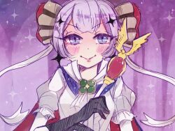  1girl black_gloves closed_mouth commentary_request gloves hair_ornament holding holding_scepter looking_at_viewer magical_girl mahou_shoujo_ikusei_keikaku mahou_shoujo_ikusei_keikaku_unmarked purple_hair ruler_(mahoiku) scepter short_hair smile sparkle tenmitsu violet_eyes 