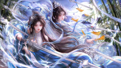  2girls absurdres bamboo black_hair blue_theme chinese_clothes chinese_commentary commentary_request dynamic_pose falling_petals fantasy fighting glowing hanfu highres holding holding_sword holding_weapon long_hair moon multiple_girls night original paper petals red_eyes red_lips sword weapon yiyi 