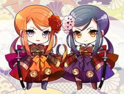  2girls armor black_boots blue_eyes blue_hair blue_hakama boots brown_boots brown_gloves chibi chibi_only closed_mouth colored_eyebrows dual_persona full_body gloves hakama japanese_armor japanese_clothes katana kiguchi_(aprico) kimono kusazuri looking_at_viewer multiple_girls official_alternate_color orange_hair parted_lips protected_link red_hakama red_kimono sekaiju_no_meikyuu sekaiju_no_meikyuu_3 shogun_(sekaiju) shogun_4_(sekaiju) smile standing sword weapon white_kimono yellow_eyes 