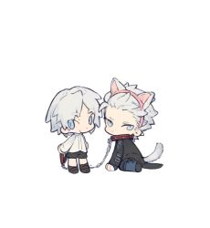  2boys animal_ears black_coat black_shorts blue_eyes boots cat_ears cat_tail chain chibi closed_mouth coat collar dante_(devil_may_cry) devil_may_cry_(series) fake_animal_ears gougougougou grey_eyes grey_hair hair_slicked_back hairband highres holding holding_leash kemonomimi_mode leash long_sleeves looking_at_viewer male_focus multiple_boys pants red_collar shirt short_hair shorts siblings simple_background sitting standing tail vergil_(devil_may_cry) white_background white_hair white_shirt 
