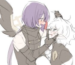  2boys anpolly black_coat black_gloves blush buttons coat commentary_request elbow_gloves gloves grabbing_another's_hair holding_another's_hair long_pointy_ears looking_at_another male_focus multicolored_hair multiple_boys open_mouth pointy_ears profile purple_hair reaper_(sekaiju) reaper_1_(sekaiju) red_streaks sekaiju_no_meikyuu sekaiju_no_meikyuu_5 single_wing sleeveless smile streaked_hair violet_eyes warlock_(sekaiju) warlock_1_(sekaiju) white_background wings 