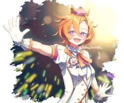  1girl animal_ears commentary_request crown dia_(7dia_kmrhntr) gloves glowstick highres horse_ears horse_girl idol looking_to_the_side mini_crown orange_hair outstretched_arm shirt short_hair smile solo t.m._opera_o_(umamusume) umamusume violet_eyes watermark waving white_gloves white_shirt 