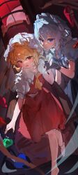  2girls absurdres ascot black_gloves blonde_hair blue_dress blue_eyes closed_mouth collared_shirt commentary_request crystal crystal_wings dress flandre_scarlet frilled_shirt_collar frills gloves grey_hair hat highres holding_hands interlocked_fingers izayoi_sakuya kei665 long_hair looking_at_viewer maid maid_headdress mob_cap multicolored_wings multiple_girls open_mouth pinafore_dress puffy_short_sleeves puffy_sleeves red_eyes red_skirt red_vest shirt short_sleeves sitting sketch skirt skirt_set sleeveless sleeveless_dress smile touhou vest white_hat white_shirt wings yellow_ascot 