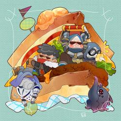  1girl 3boys a_miao bandana bandana_over_mouth black_hair blue_background book cheese closed_mouth commentary crusader_(darkest_dungeon) darkest_dungeon food frown highwayman_(darkest_dungeon) holding holding_above_head holding_book in_food knight lettuce multiple_boys olive plague_doctor_(darkest_dungeon) sandwich tomato tomato_slice untranslatable_commentary vestal_(darkest_dungeon) 