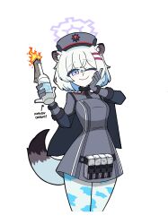  1girl ;) animal_ear_fluff animal_ears blue_archive blue_eyes blush bottle breasts capelet dress fire fur-trimmed_sleeves fur_trim gimminj69455096 gloves grey_capelet grey_dress grey_gloves grey_hair grey_hat hair_between_eyes hair_ornament hairclip halo hat highres holding holding_bottle medium_breasts molotov_cocktail one_eye_closed pantyhose shigure_(blue_archive) simple_background smile solo tail white_background white_pantyhose 