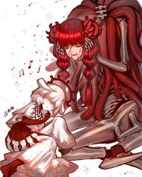  1girl 1other absurdres an233gle bone braid closed_eyes closed_mouth colored_skin commentary_request covered_eyes cowboy_shot dress dullahan halo highres holding_own_head horns le_rouge_brand_director limbus_company long_hair low_twin_braids lullaby open_mouth project_moon pwie_(project_moon) red_hair red_halo short_hair singing smile twin_braids veil white_background white_dress white_hair white_horns white_skin white_veil 