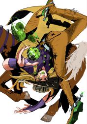 1boy blonde_hair commentary cowboy_hat goggles goggles_on_headwear gold_teeth green_lips grills gyro_zeppeli hat highres jojo_no_kimyou_na_bouken long_hair male_focus nineinsweet simple_background smile solo steel_ball_(jojo) steel_ball_run 