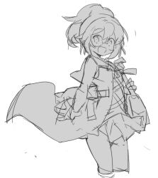  1girl anpolly bag commentary_request cowboy_shot cropped_legs floating_clothes glasses greyscale high_ponytail long_hair looking_at_viewer medic_(sekaiju_4) medic_2_(sekaiju_4) miniskirt monochrome open_mouth ponytail sailor_collar sekaiju_no_meikyuu sekaiju_no_meikyuu_4 shoulder_bag simple_background sketch skirt smile solo white_background 