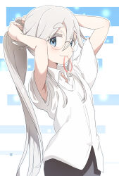  1girl akiyama_haruno blue_eyes blush commentary_request glasses hair_tie hair_tie_in_mouth highres illustratorhide mono_(afro) mouth_hold ponytail shirt thick_eyebrows tying_hair white_hair white_shirt 