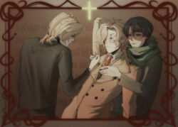  3boys bandaid bandaid_on_face black_hair black_jacket black_sweater blonde_hair border closed_eyes coat collared_shirt commentary cross dual_persona english_commentary english_text film_grain from_behind from_side green_eyes green_scarf grey_eyes hand_on_another's_chest heterochromia highres jacket latin_cross long_hair looking_at_another male_focus mamiya_yumehisa mole mole_under_eye multiple_boys natsume_souichirou necktie ornate_border red_eyes red_necktie scarf sekai_metsubou_kyouyuu_gensou_mamiya serious shaded_face shirt short_hair sleeping standing sweater trench_coat vrancere wavy_hair white_shirt 