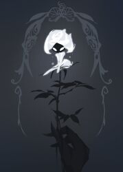  arthropod_girl black_skin blank_eyes bodysuit colored_skin commentary flower hand_up hat holding holding_flower hollow_knight hollow_knight:_silksong lace_(hollow_knight) leaf lelegular puffy_sleeves sitting untranslatable_commentary white_bodysuit white_eyes white_hat 