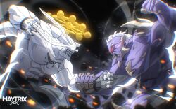  2boys abs arm_blade black_nails chin_spike clenched_hand clenched_teeth colored_skin commentary crossover dc_animated_movie_universe dc_comics doomsday_(dc) duel east-west_crossover english_commentary exposed_teeth eye_trail halo head_tail head_wings highres holding_another's_wrist jujutsu_kaisen light_trail mahoraga_(jujutsu_kaisen) maytrixxdx mohawk monster multiple_boys muscular muscular_male pelvic_curtain purple_skin red_eyes shoulder_spikes spikes teeth topless_male torn_clothes trait_connection weapon wheel_of_dharma white_hair white_skin wings 