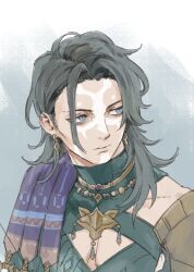  1boy armor black_hair blue_eyes bow_(weapon) commentary_request earrings facepaint fire_emblem fire_emblem:_fortune's_weave holding holding_bow_(weapon) holding_weapon jewelry long_hair looking_to_the_side necklace nuzzuo_(fire_emblem) shoulder_armor simple_background solo solo_focus upper_body ususususu weapon 