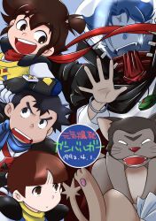  4boys absurdres animal arm_on_another's_head arm_rest armor black_cat black_eyes black_hair bracelet brown_dog brown_eyes brown_hair butaneko_(ganbaruger) cat commentary_request copyright_name covered_eyes dog facial_mark fangs fingernails fishbowl_helmet forehead_mark genki_bakuhatsu_ganbaruger gloves gonzales_(ganbaruger) helmet highres jewelry kazamatsuri_yousuke kirigakure_kotarou looking_at_another looking_down looking_up male_focus mecha_pilot_suit multiple_boys open_hand open_mouth parted_lips pauldrons red_scarf rinrin_(rinrindarinko) ryuuzaki_rikiya scarf sharp_fingernails shirt short_hair shoulder_armor shoulder_pads smile white_shirt yaminorius_iii 
