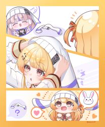  1girl absurdres animal_hat black_sports_bra blonde_hair commentary double_v hair_ribbon hat heart highres hololive hololive_dev_is jacket krn838 long_hair multicolored_hair neck_ribbon official_alternate_costume official_alternate_hairstyle one_side_up open_mouth otonose_kanade otonose_kanade_(1st_costume) purple_hair rabbit red_eyes red_ribbon ribbon spoken_animal spoken_character sports_bra streaked_hair todoroki_hajime todoroki_hajime_(black_aurora) untranslatable_commentary v virtual_youtuber white_hat white_jacket 