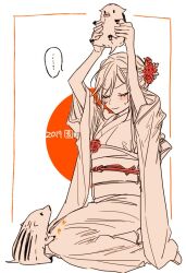  ... 1girl 2019 animal arms_up baby_animal boar closed_eyes closed_mouth flower full_body hagiwara_daisuke hair_flower hair_ornament holding holding_animal hori-san_to_miyamura-kun hori_kyouko japanese_clothes monochrome orange_theme piglet simple_background sitting solo spoken_ellipsis 