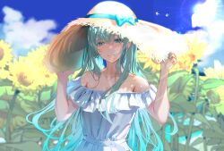  1girl absurdres aqua_eyes aqua_hair backlighting bare_shoulders belt blue_sky clouds collarbone dress field flower flower_field hand_on_headwear hands_up hat highres large_hat long_hair looking_at_viewer off-shoulder_dress off_shoulder original sky smile solo straw_hat sun sunflower sunlight toukaiseiya upper_body wet white_belt white_dress wide_brim yellow_flower 