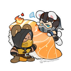  2boys a_miao animal_ears animal_feet bear_ears belt blue_eyes brown_belt chibi chibi_only commentary_request fire food full_body hood hood_up jitome mask mortal_kombat_(series) mouth_mask multiple_boys oversized_food oversized_object scar scar_across_eye scar_on_face scorpion_(mortal_kombat) simple_background sub-zero sushi twitter_username white_background white_eyes 