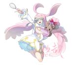  1girl :3 ^_^ batter bloomers blue_bloomers blue_eyes bowl closed_eyes digimon digimon_(creature) dress grey_hair highres holding holding_whisk long_hair long_sleeves lopmon simple_background sistermon_blanc turtleneck whisk white_background white_dress youzaiyouzai112 