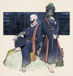  1boy 1girl bald barefoot beard blue_robe book commentary denny626 elden_ring facial_hair feet holding holding_book library mask robe rock sitting sorcerer_thops sorceress_sellen standing toes white_background 