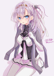 1girl absurdres black_sailor_collar blush bodysuit breasts clothes_writing commentary_request gloves grey_eyes grey_hair grey_jacket hachimaki hair_between_eyes headband highres hizaka jacket kantai_collection long_hair looking_at_viewer medium_breasts neckerchief one-hour_drawing_challenge one_side_up sailor_collar school_uniform serafuku sitting skirt smile solo suzutsuki_(kancolle) white_headband white_neckerchief 