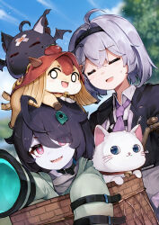  2girls =_= ahoge black_choker black_headband black_jacket blue_sky cat choker closed_eyes clouds collared_shirt commentary_request dress female_esper_zero_(nte) ghost_girl ghost_hair_ornament green_dress hair_ornament headband highres jacket lacrimosa_(nte) looking_at_viewer medium_hair multiple_girls necktie neverness_to_everness open_mouth outdoors purple_necktie se-u-ra sharp_teeth shirt sky sleeves_past_fingers sleeves_past_wrists teeth tree white_shirt xiaozhen_(nte) 