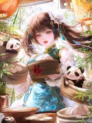  1girl ay_yiyi bamboo bamboo_steamer barrel blue_dress brown_eyes brown_hair chinese_clothes dress flower hair_ornament hanfu highres holding_barrel lace lantern long_hair original panda red_lips solo twintails 