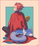  1boy border cape charmander dragon dratini film_grain from_behind highres kwsby_124 lance_(pokemon) looking_at_another looking_back peeking pokemon pokemon_(creature) red_border red_cape redhead signature sitting sleeping spiky_hair 