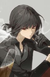 alcohol black_gloves black_hair black_jacket black_shirt cigarette g7cdpdto2i6hot6 glass gloves grey_background hand_on_table hand_up highres holding holding_cigarette jacket limbus_company looking_at_object open_collar project_moon red_eyes ryoshu_(project_moon) shirt short_hair simple_background smoke smoke_trail striped_clothes striped_vest vest 