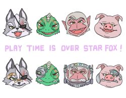  4boys andrew_oikonny animal_ears bandaid chameleon_boy commentary_request eyepatch fangs furry furry_male leon_powalski looking_at_viewer male_focus mito_31_31 monkey_boy multiple_boys neck_brace open_mouth pig_boy pig_ears pig_nose pigma_dengar star_fox star_fox_(2026) white_background wolf_boy wolf_o'donnell 
