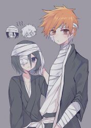  >_< 1boy 1girl :< :/ bandage_over_one_eye bandaged_arm bandaged_chest bandaged_head bandages black_hair black_kimono bleach bleach:_sennen_kessen-hen blue_eyes brown_eyes chibi chibi_inset closed_eyes closed_mouth commentary_request cowboy_shot frown g_ieep gauze gauze_on_cheek gauze_over_eye grey_background hand_up japanese_clothes kimono korean_commentary kuchiki_rukia kurosaki_ichigo long_sleeves looking_at_viewer one_eye_covered open_clothes open_kimono orange_hair short_hair simple_background spiky_hair torn_clothes torn_kimono v-shaped_eyebrows wide_sleeves 