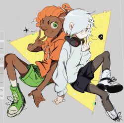  1boy 1girl arrcticc_fish carrie_krueger colored_skin dark-skinned_male dark_skin darwin_watterson ghost ghost_girl green_shoes hair_ornament hair_over_one_eye highres hood hoodie humanization orange_hair orange_hoodie personification shirt shoes short_hair simple_background skirt skull_hair_ornament smile the_amazing_world_of_gumball white_hair 