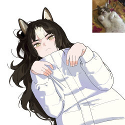 1girl :< animal_ear_fluff animal_ears brown_hair cat_ears closed_mouth dongho_kang eyelashes fingernails hands_up highres jacket long_hair long_sleeves looking_at_viewer lying multicolored_hair nose_shade on_back original paw_pose photo-referenced photo_inset real_life reference_inset simple_background solo streaked_hair third-party_source upper_body white_background white_jacket white_nails white_streaks yellow_eyes 
