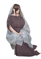  1girl absurdres ancient_greek_clothes baggy_clothes breasts brown_dress brown_hair chiton commentary curvy_black-haired_girl_(tnr) dress full_body greco-roman_clothes hair_over_one_eye highres mature_female original roman_clothes simple_background sitting tnr_(horiko1525) white_background 