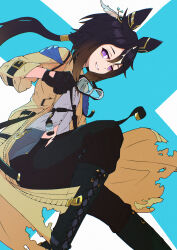  1girl absurdres animal_ears black_hair black_pants coat commentary_request goggles grin highres horse_ears horse_girl invisible_chair itano_gonchi long_hair low_ponytail midriff_peek pants ponytail shirt sitting smile solo stay_gold_(sunlit_outsider)_(umamusume) stay_gold_(umamusume) torn_clothes umamusume violet_eyes white_shirt yellow_coat 