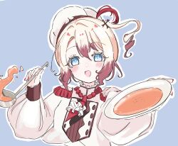  1girl blonde_hair blue_background blue_eyes brown_hair commentary_request cross_hair_ornament epaulettes food hair_ornament hat_feather holding holding_ladle holding_plate ladle looking_at_viewer magical_girl mahou_shoujo_ikusei_keikaku mahou_shoujo_ikusei_keikaku_restart malu_661 multicolored_hair necktie open_mouth pechika_(mahoiku) plate red_nails red_necktie smile soup two-tone_hair 