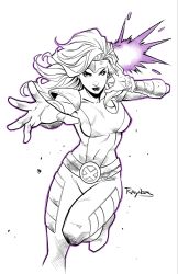  1girl arm_guards armor artist_name belt bodysuit breasts closed_mouth commentary dynamic_pose english_commentary eyelashes foot_out_of_frame greyscale hands_up headpiece highres jean_grey leg_up long_hair looking_at_viewer marvel maxraynorart medium_breasts monochrome outline psycho_power purple_outline reaching reaching_towards_viewer shoulder_armor simple_background spot_color superhero_costume western_comics_(style) white_background x-men x_(symbol) 