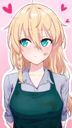  1girl absurdres ahoge apron aqua_eyes averting_eyes blonde_hair blush braid closed_mouth dirty dirty_face green_apron green_hair grey_shirt heart highres long_hair multicolored_hair sample341114 shine_post shirt single_braided_sidelock solo totsuka_nanami two-tone_hair upper_body 